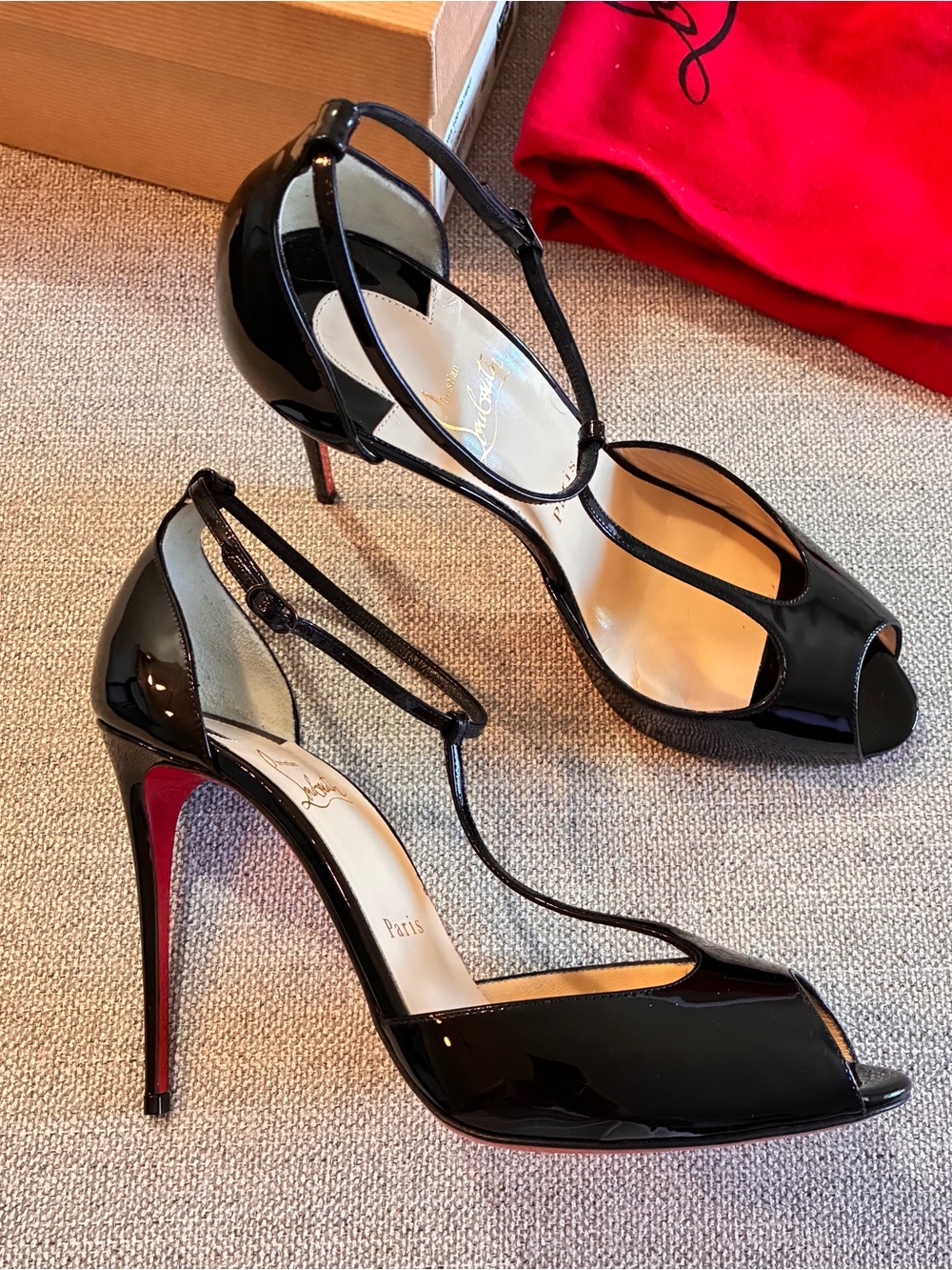 Christian Louboutin Senora Black Patent T-Strap Peep-Toe Heels with Red Sole